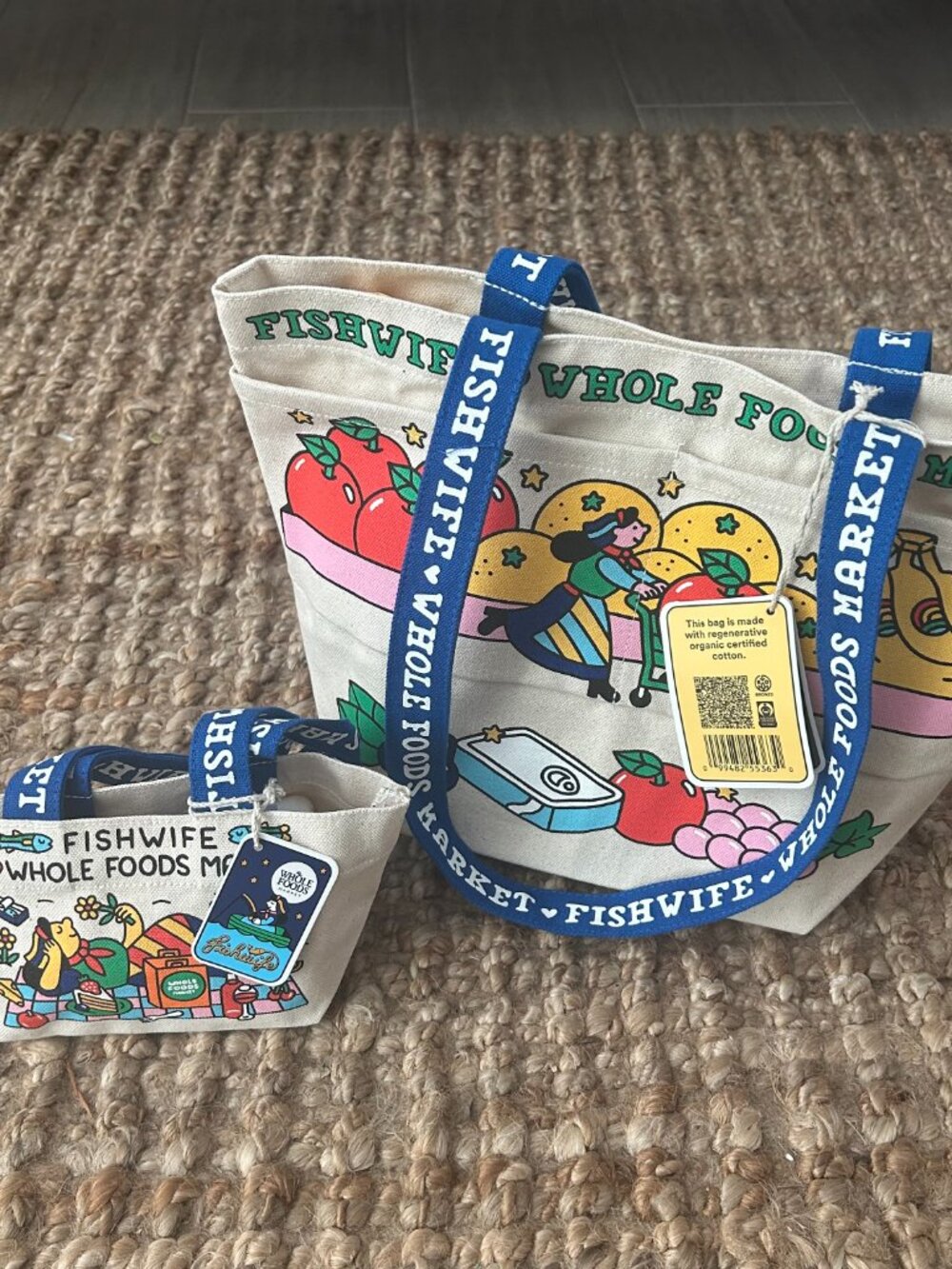 Fishwife Whole Foods Market Tote Bundle Medium & Micro Canvas Bags NWT Rare